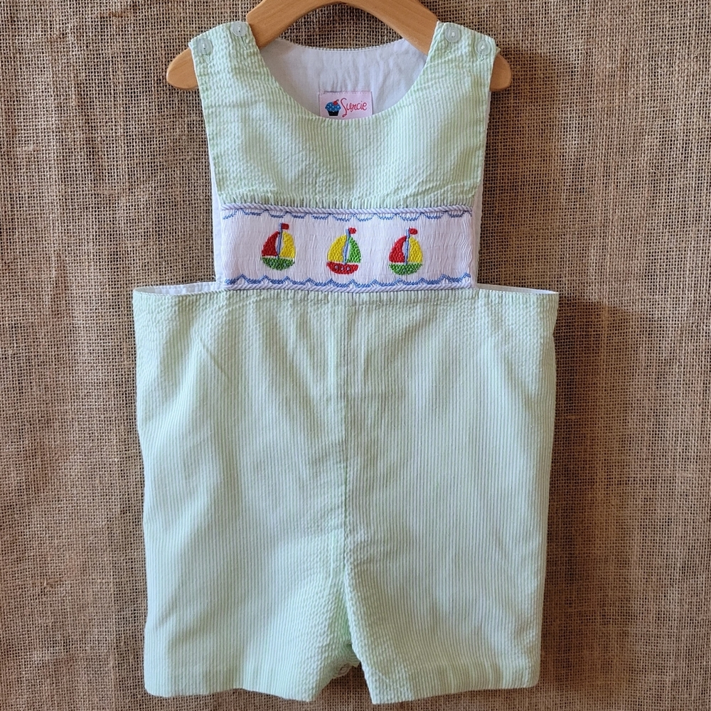 Surcie Green Sheersucker Smocked Sailboat Jon Jon -3